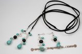 Pnset519 Lovely Black Faux Suede Long Pearl and Turquoise Drop Necklace& Earrings