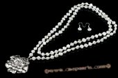 pnset558 Handknotted White Freshwater Nugget Pearl Rope Necklace with Flower Pendant