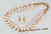 pnset560 Handcrafted White and Golden Freshwater Pearl Layer Necklace& Earrings set