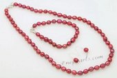 pnset633 Hand-knotted Rice Pearl Necklace Jewelry Set in Wine Red