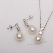 Pnset644 Enticing 9-10mm Drop Pearl Sterling Silver Pendant and Earrings Set