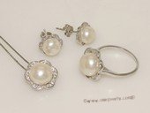 pnset678 Sterling Silver Jewelry Set Bread Pearl Pendant Earring and Rings