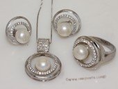 pnset696  Fashion 925silver Zircon Paved jewelry set with 8-8.5mm bread pearl