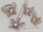 pnset697 Sterling Silver Jewelry Set Bread Pearl Pendant Earring and Rings