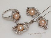 pnset698 Sterling Silver Jewelry Set Bread Pearl Pendant Earring and Rings