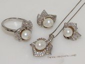 pnset699 Sterling Silver Jewelry Set Freshwater Pearl Pendant Earring and Rings