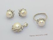 pnset736  Sterling Silver Jewelry Set Bread Pearl Pendant Earring and Rings