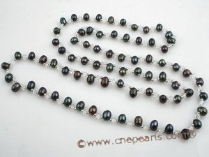 rpn023 6-7mm black side-drill pearl with crystal beads long necklace