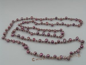 rpn026 6-7mm dyed purple side-drill pearl with crystal beads long necklace
