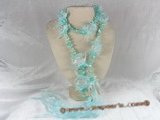 rpn028 48inch 8-9mm blue blister pearl and crystal with ribbon long necklace