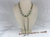 rpn032 Olive green Ribbon 8-9mm white potato pearl with malachite long necklace