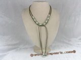 rpn033 Olive green Ribbon 8-9mm white potato pearl with jade long necklace