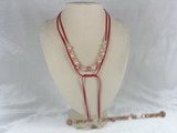 rpn035 Red Ribbon 8-9mm pink potato pearl with watermelon long necklace
