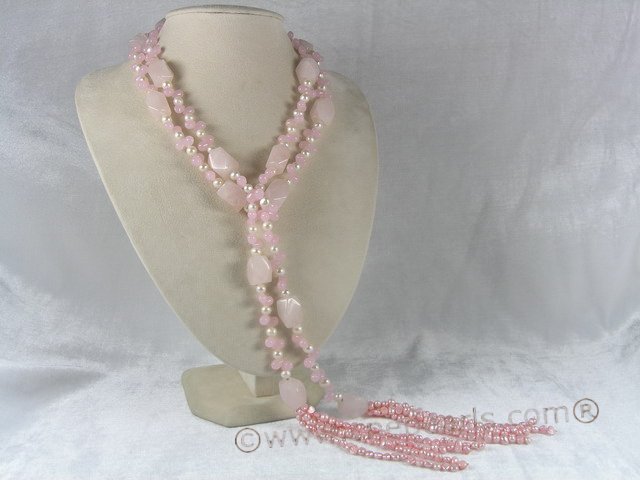 rpn038 48inch 4-5mm pink nugget pearls and rose quarts long necklace