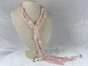 rpn038 48inch 4-5mm pink nugget pearls and rose quarts long necklace