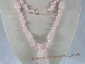 rpn038 48inch 4-5mm pink nugget pearls and rose quarts long necklace
