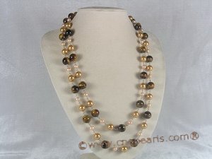 rpn041 48inch 10mm champagne shell pearls and tiger-eyes gemstone long necklace