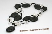 rpn117 Black leather coin shape gemstone long pearl necklace