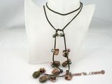 rpn140 Green long leather thong gemstone necklace with cultured pearl