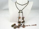 rpn140 Green long leather thong gemstone necklace with cultured pearl