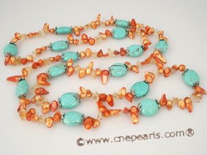 rpn200 hand knotted 7-8mm orange blister pearl and turquoise rope long necklace