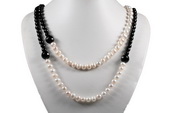 Rpn381 White Potato Pearl and Black Agate Rope summer's day Necklace