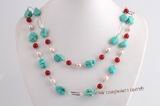 rpn383 Casual Design Freshwater Pearl and Turquoise Rope Necklace