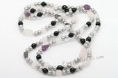 Rpn386 Silver Grey Cultured Potato Pearl Rope Necklace with Gemstone Beads
