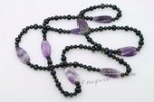 Rpn388 Black Potato Pearl Rope Necklace with Amethyst Bead