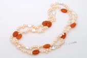 Rpn396 Peach Dancing Pearl and Red Agate Rope Necklace