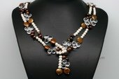 Rpn400 White and Bronze Pearl Rope Necklace with Drop Crystal Beads