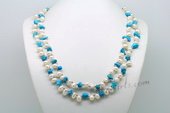 Rpn406 Long Strand White Dancing Pearl Rope Necklace with Turquoise Chips