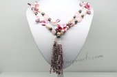 Rpn407 A rose quartz lariat style necklace with pink and peach pearls and shell