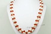 Rpn418 Hand Kontted Cultured Pearl and Red Agate Rope Necklace