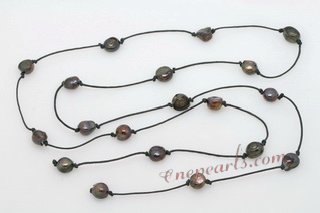 Rpn424 Designer Dark Brown Baroque pearl and Cord Rope Necklace