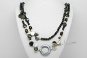 Rpn433 Freshwater Pearl Necklace with Black Pearl, Shell & Smoky Quartz