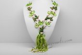 Rpn435 Lariat Style Green Freshwater Pearl Necklace with dancing White Pearl, Ceystal & Garnet