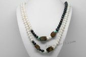 Rpn436 Freshwater Pearl Rope Necklaces with Black & White Pearls& Tiger Eye