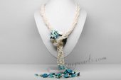 Rpn440 Four Strands Freshwater Pearl Necklace with Baroque White Pearl, Turquoise and Shell