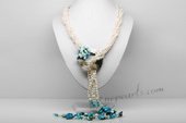 Rpn440 Four Strands Freshwater Pearl Necklace with Baroque White Pearl, Turquoise and Shell