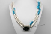 Rpn442 Freshwater Pearl Necklace with 8-9mm White Pearl, Turquoise & Black Agate