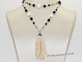 rpn456 Designer man made gemstone beads rope necklace with 3-4mm button pearl