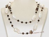 rpn458 Larger nucleated pearl necklace hand wired   with smoking quartz