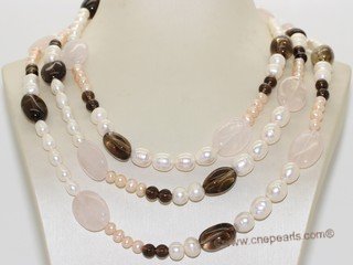 rpn459 Freshwater Potato and Rice Pearl Rope Necklace with  Smoky Quartz