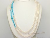 rpn477 Freshwater Potato Pearl Rope Necklace with  Turquoise Beads