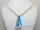 rpn479 hand knotted 8-9mm potato pearl and turquoise  opera necklace