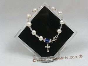 rybr007 sterling 7-8mm cultured pearl& crystal rosary bracelet