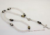 ryn009 hand knit 8mm white jade Rosary necklace with cross pendant