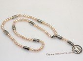 ryn011 hand knit 4-5mm pink potato pearl Rosary necklace with Mary Pendant
