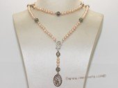 ryn012 hand knit 4-5mm pink potato pearl Rosary necklace with  Mary and  St. Christopher  Pendant